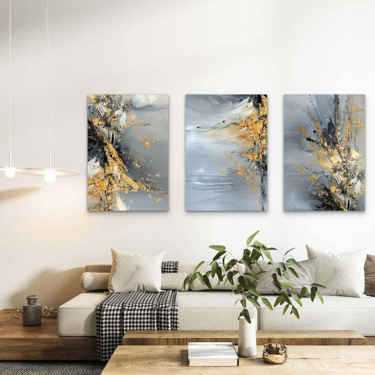 3pcs Modern Gold Grey Black Abstract Metal Print Ready to Hang Art