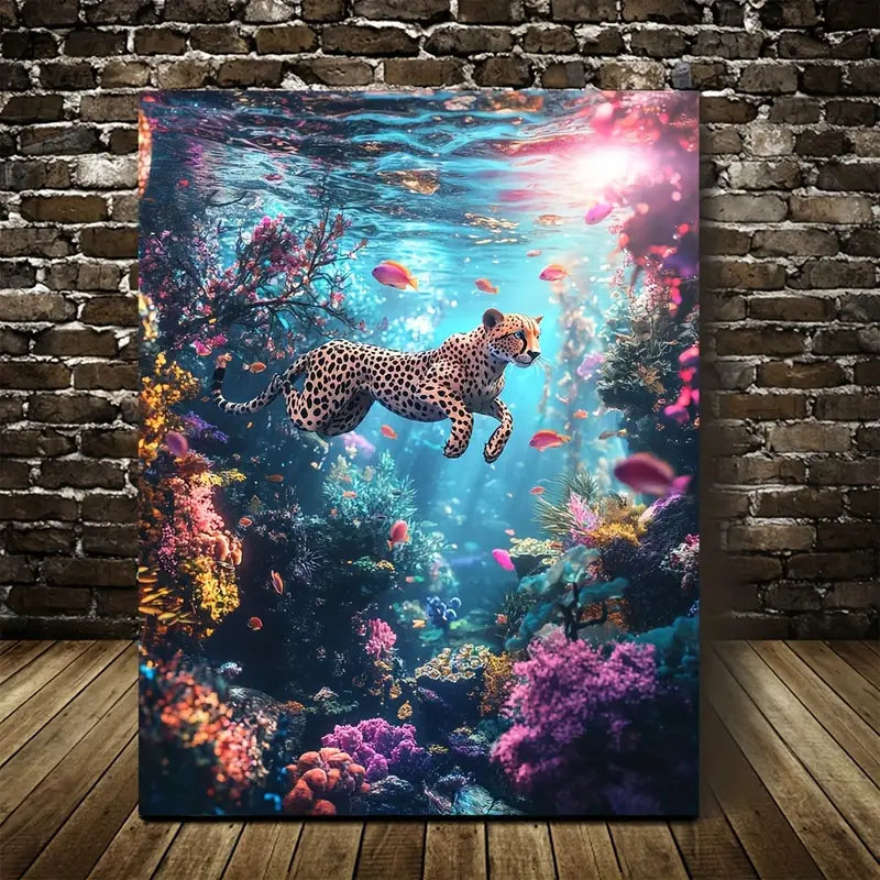 Surreal Cheetah Swimming in Coral Reef Underwater 40x60cm Metal Print Ready to Hang
