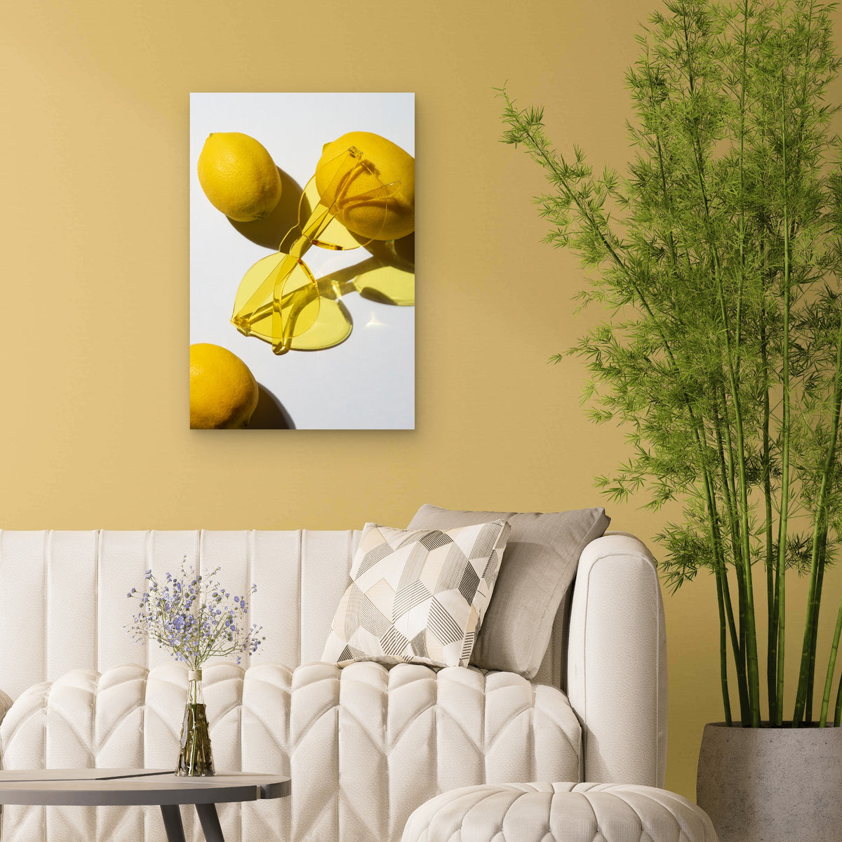 Yellow Rimless Heart-Shaped Sunglasses 60x90cm Metal Print Ready to Hang