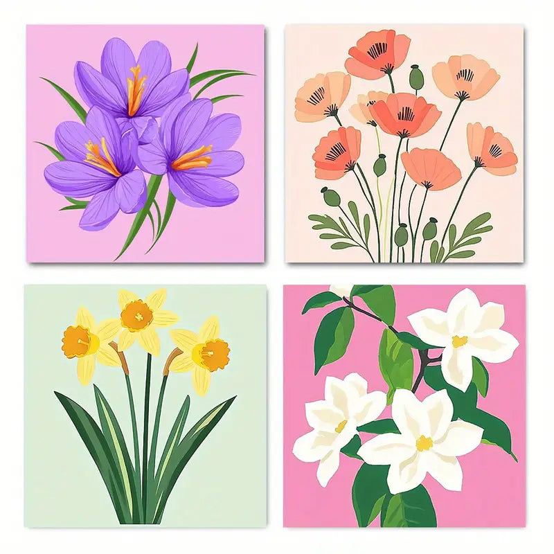 4pcs Beautiful flowers in summer Elegant  Wall Art Canvas Framed