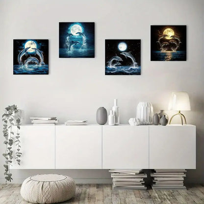4pcs Dolphin Moon Canvas Art Prints Wall Art Canvas Framed