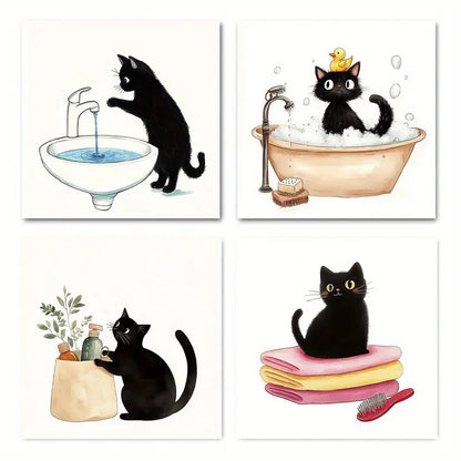 4pcs  Black Cat Modern Animals Kitty   Wall Art Canvas Framed