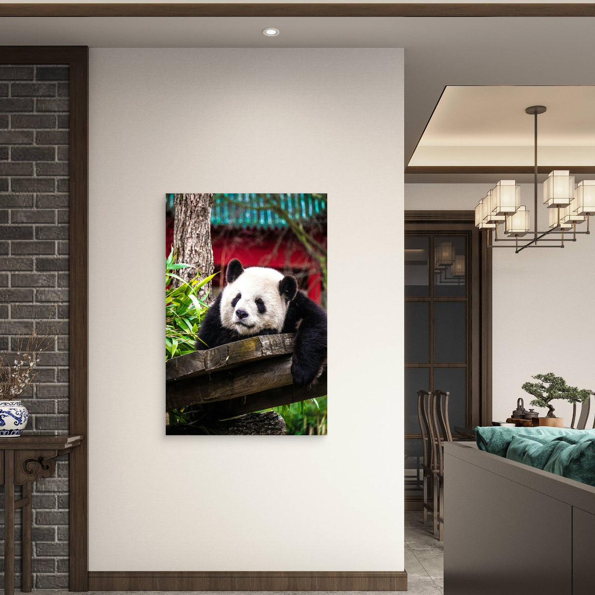 Panda Bear Resting On A Wooden Structure 60x90cm Metal Print Ready to Hang