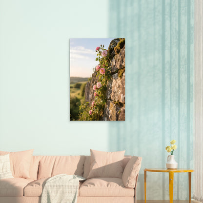 Pink Roses Climbing Stone Wall With Landscape View 60x90cm Metal Print Ready to Hang