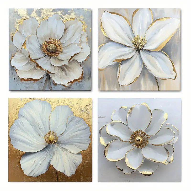 4pcs Floral Golden Grey Flower Picture Wall Art Canvas Framed