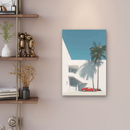 Red Car & Palm Tree Metal Print Ready to Hang