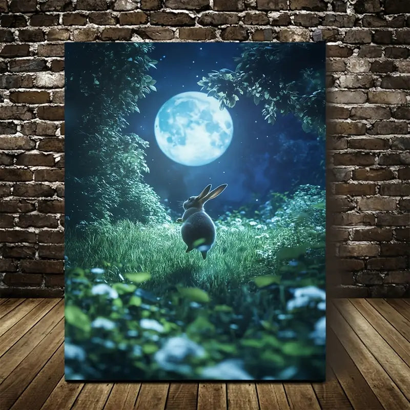 Joyful Bunny Jumping Under Soft Moonlight 40x60cm Metal Print Ready to Hang