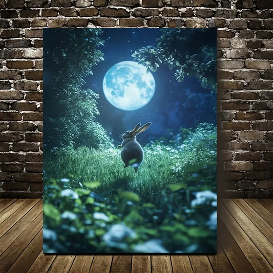 Joyful Bunny Jumping Under Soft Moonlight 40x60cm Metal Print Ready to Hang