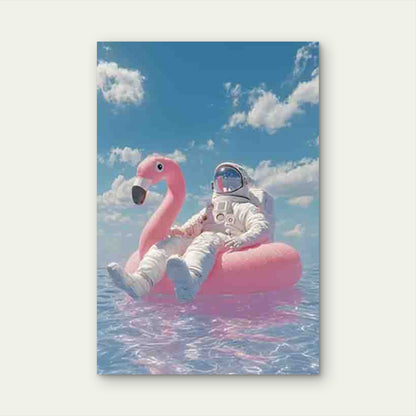 Astronaut & Flamingo Floating in Space Metal Print Ready to Hang