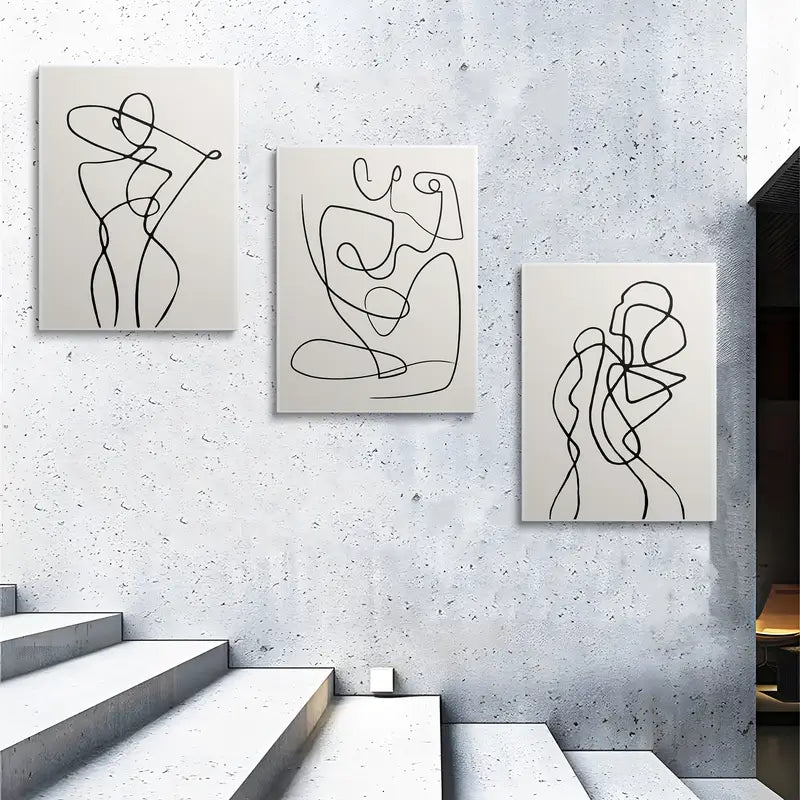 3pcs Abstract Black & White Minimalist Line Art Metal Print Ready to Hang Art