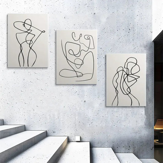 3pcs Abstract Black & White Minimalist Line Art Metal Print Ready to Hang Art