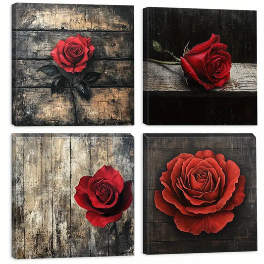 4pcs  Red Rose Decorative Artwork Wall Art Canvas Framed