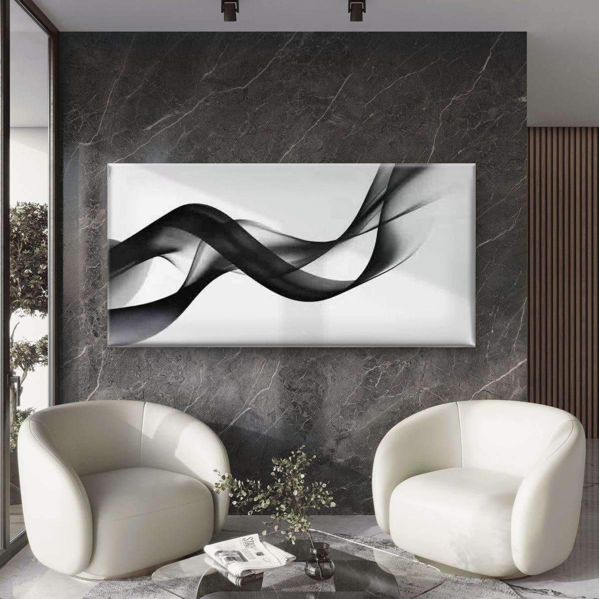 Black & White Abstract Wave Wall Art Canvas Office Home Room Framed 120x60cm