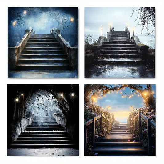4pcs Blue Fairytale Mystical Fairy Staircase Scenes Wall Art Canvas Framed