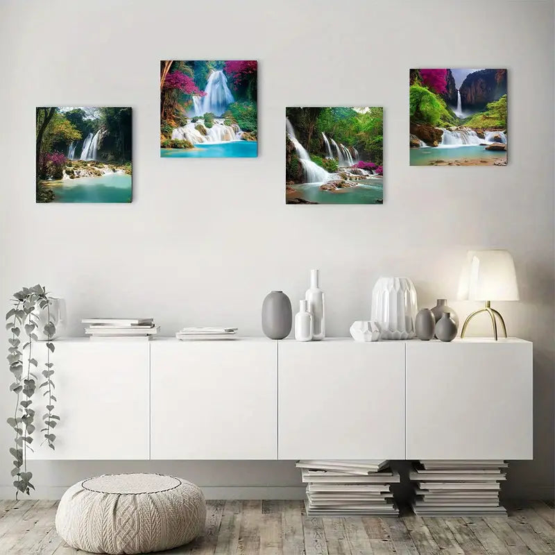 4pcs Abstract Waterfall Luang Prabang Turquoise  Wall Art Canvas Framed