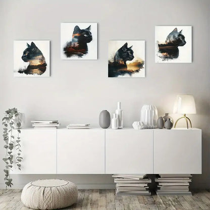 4pcs  Mystic Cat Landscap for Living  Wall Art Canvas Framed