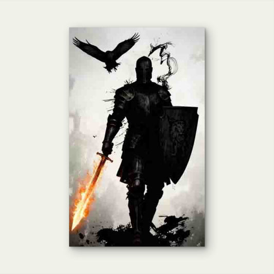 Medieval Knight with Fire Sword & Shield Metal Print Ready to Hang