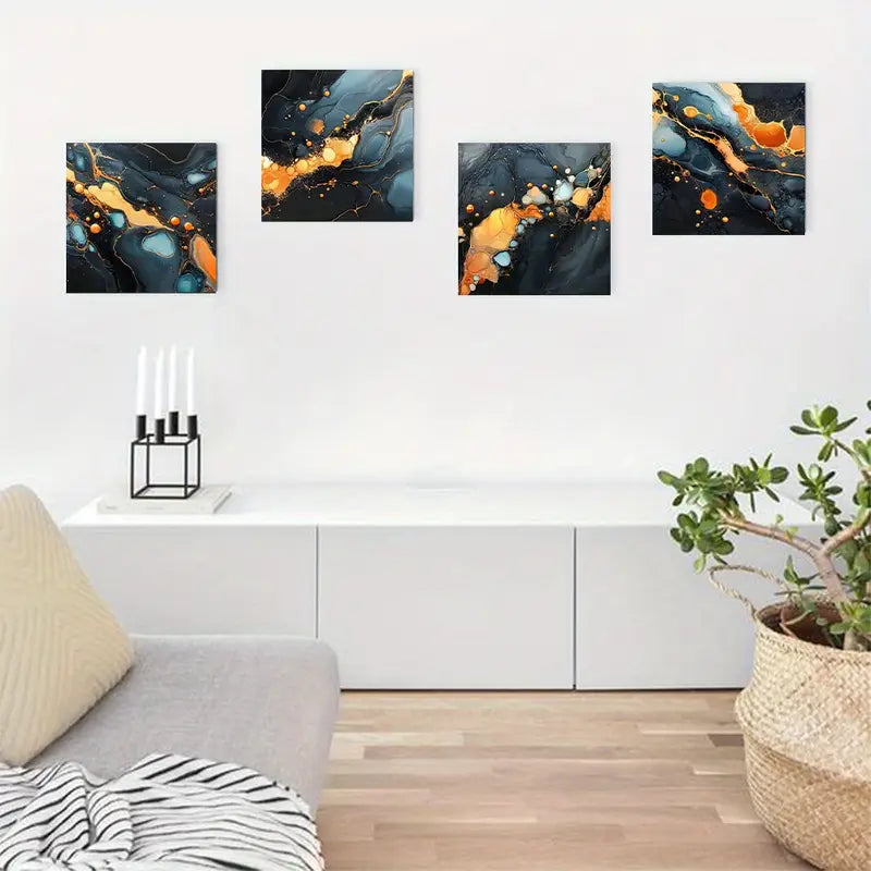 4pcs Gray Black Golden Marble Texture  Wall Art Canvas Framed