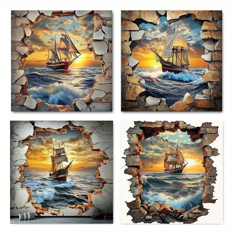 4pcs Galleon Sea Wall Elegant Wall Art Canvas Framed
