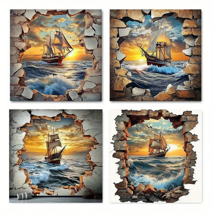 4pcs Galleon Sea Wall Elegant Wall Art Canvas Framed