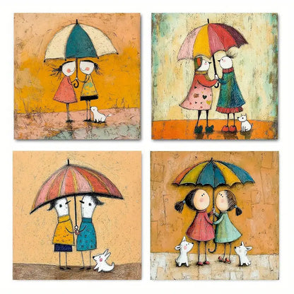 4pcs Decorative Umbrella Couples With Adorable Wall Art Canvas Framed
