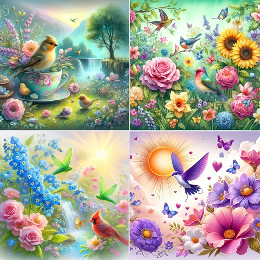 4pcs  Adult Beginner Bird Flower Wall Art Canvas Framed