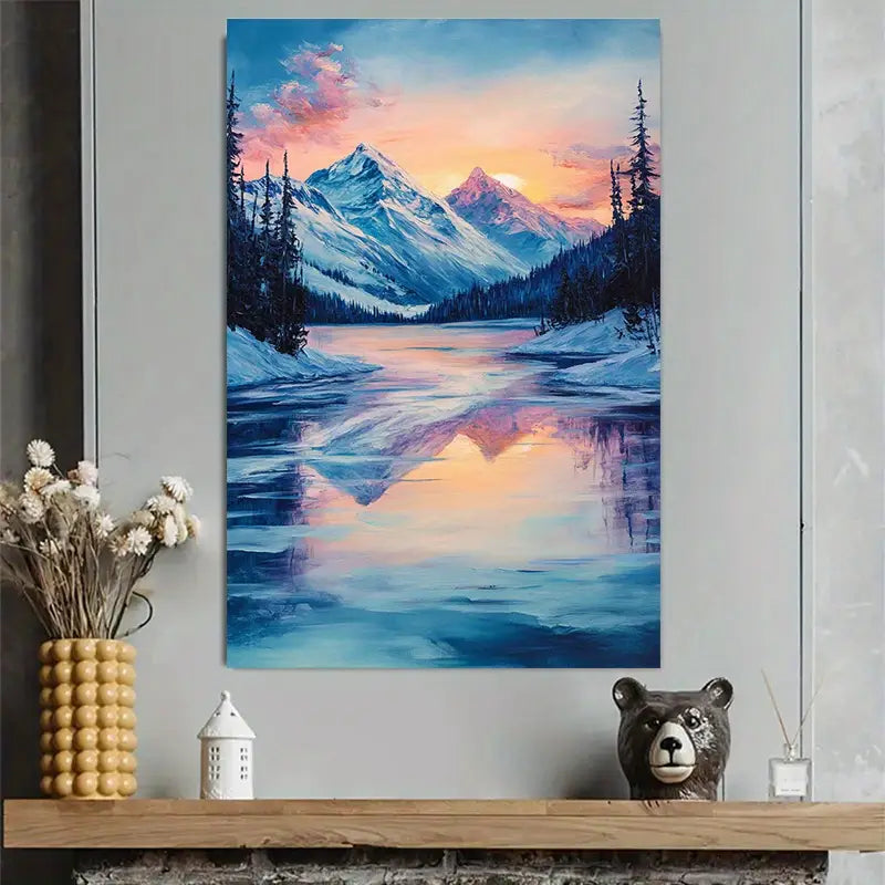 Winter Snowy Lake Sunset Scene Art Poster 40x60cm Metal Print Ready to Hang