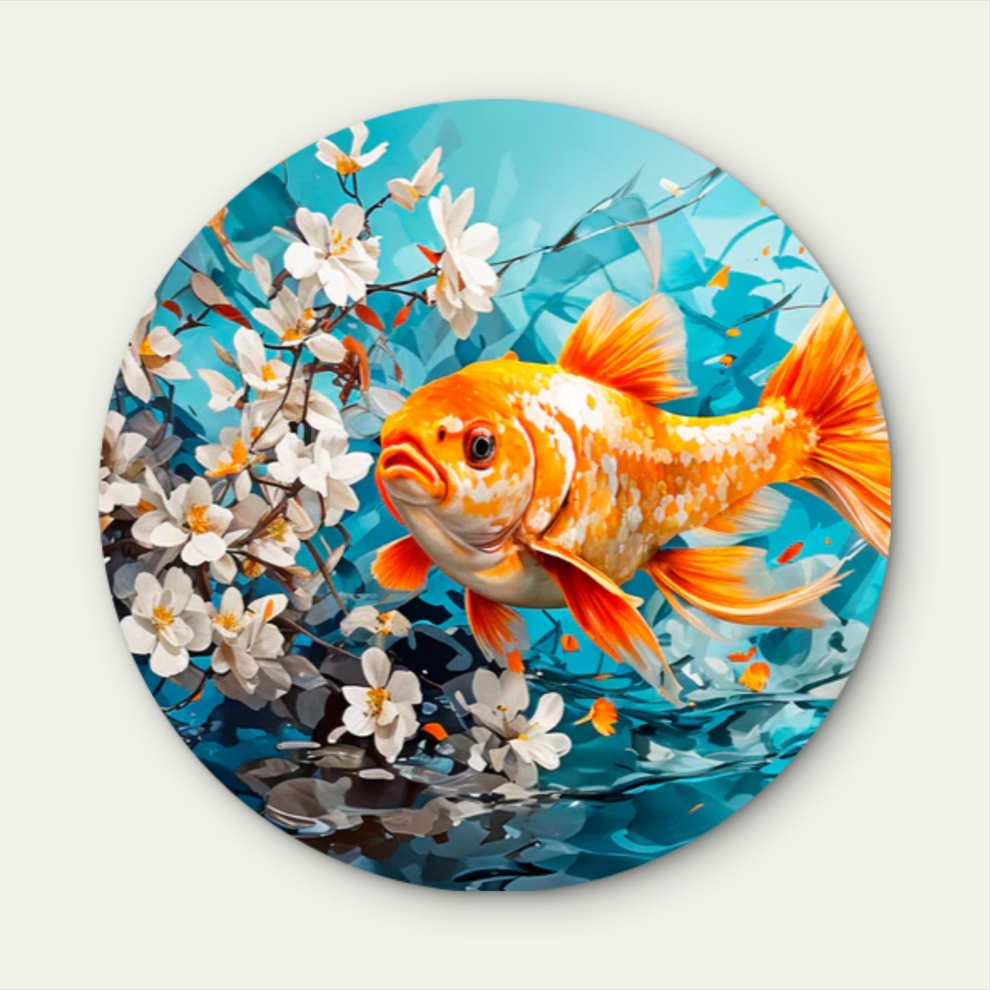 Gold Yellow Fish with White Flowers Acrylic Glass Rounded Print Tempered Glass Wall Art 100% Made in Australia Ready to Hang