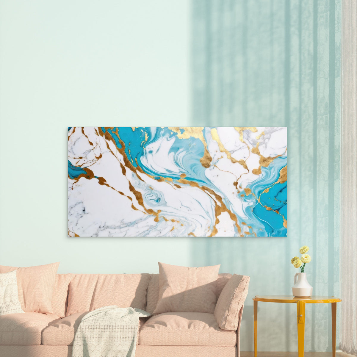 Azure Currents Golden Whispers Wall Art Canvas Office Home Room Framed 120x60cm