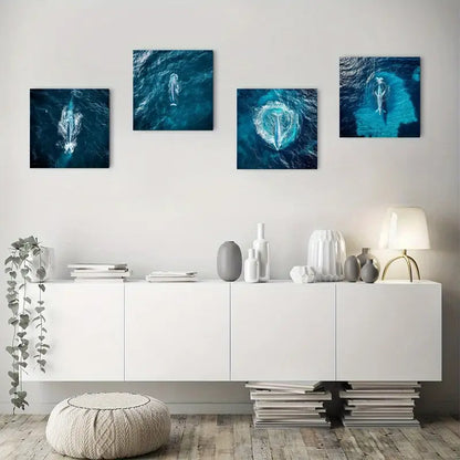 4pcs Deep Blue Ocean Painting with Whale Wall Art Canvas Framed