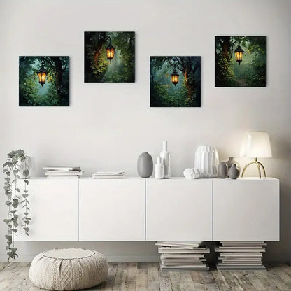 4pcs In The Rainy Night The Candle Oil Lamp  Wall Art Canvas Framed