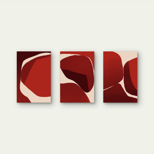3pcs Deep Red Beige Mid Century Modern Wall Art Set Canvas Framed 50x70cm - High Quality Print 100% Australian Made Wall Canvas Ready to Hang