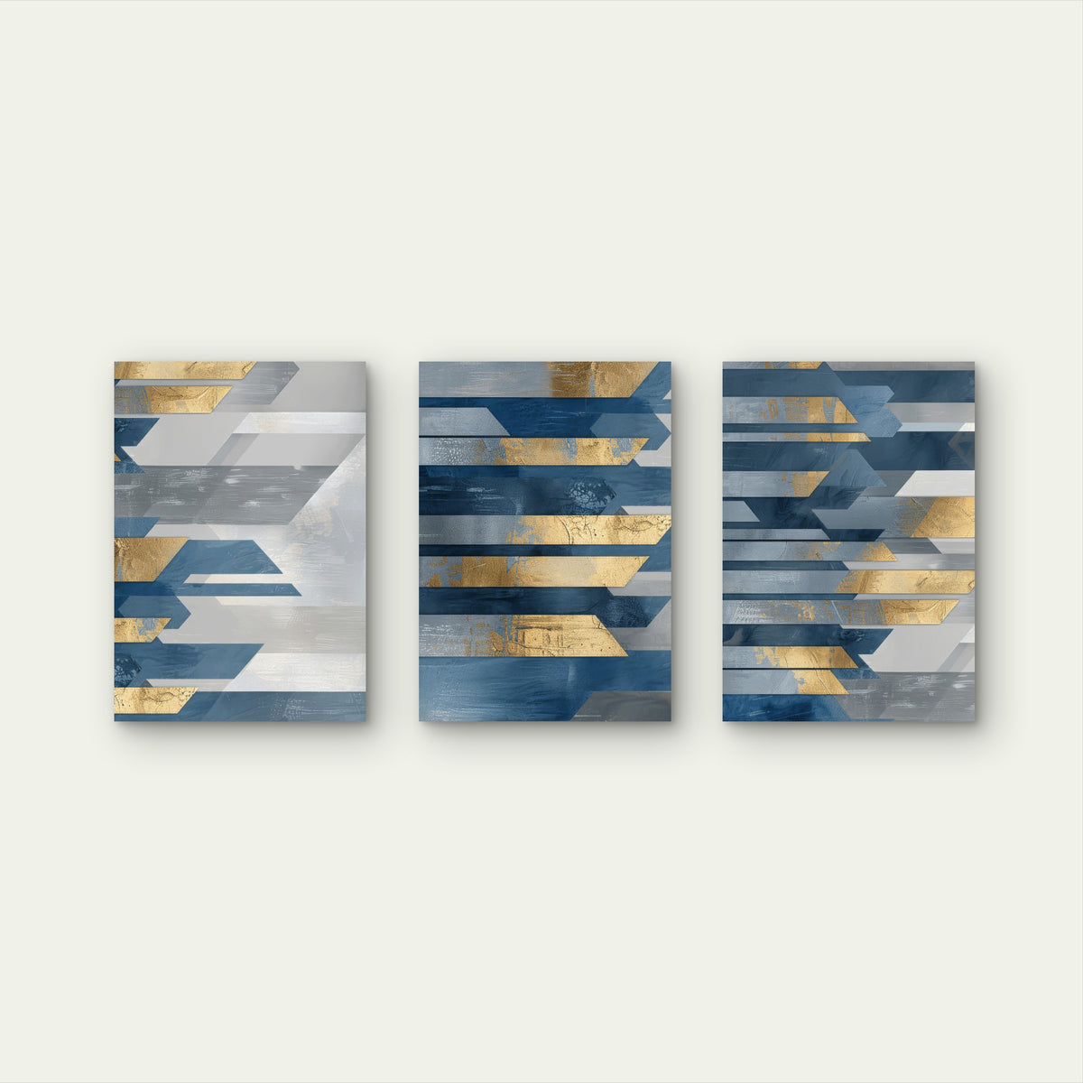 3pcs Modern Geometric Indigo Blue Gold Wall Art Set Canvas Framed 60x90cm - High Quality Print 100% Australian Made Wall Canvas Ready to Hang