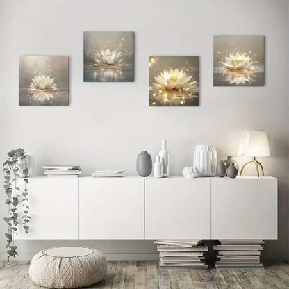 4pcs  Lotus Auspicious Clouds Elegant Wall Art Canvas Framed