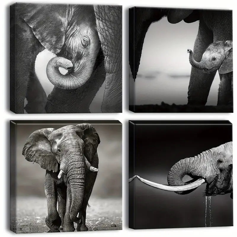 4pcs Elephant Family Canvas Prints Wall Art Canvas Framed