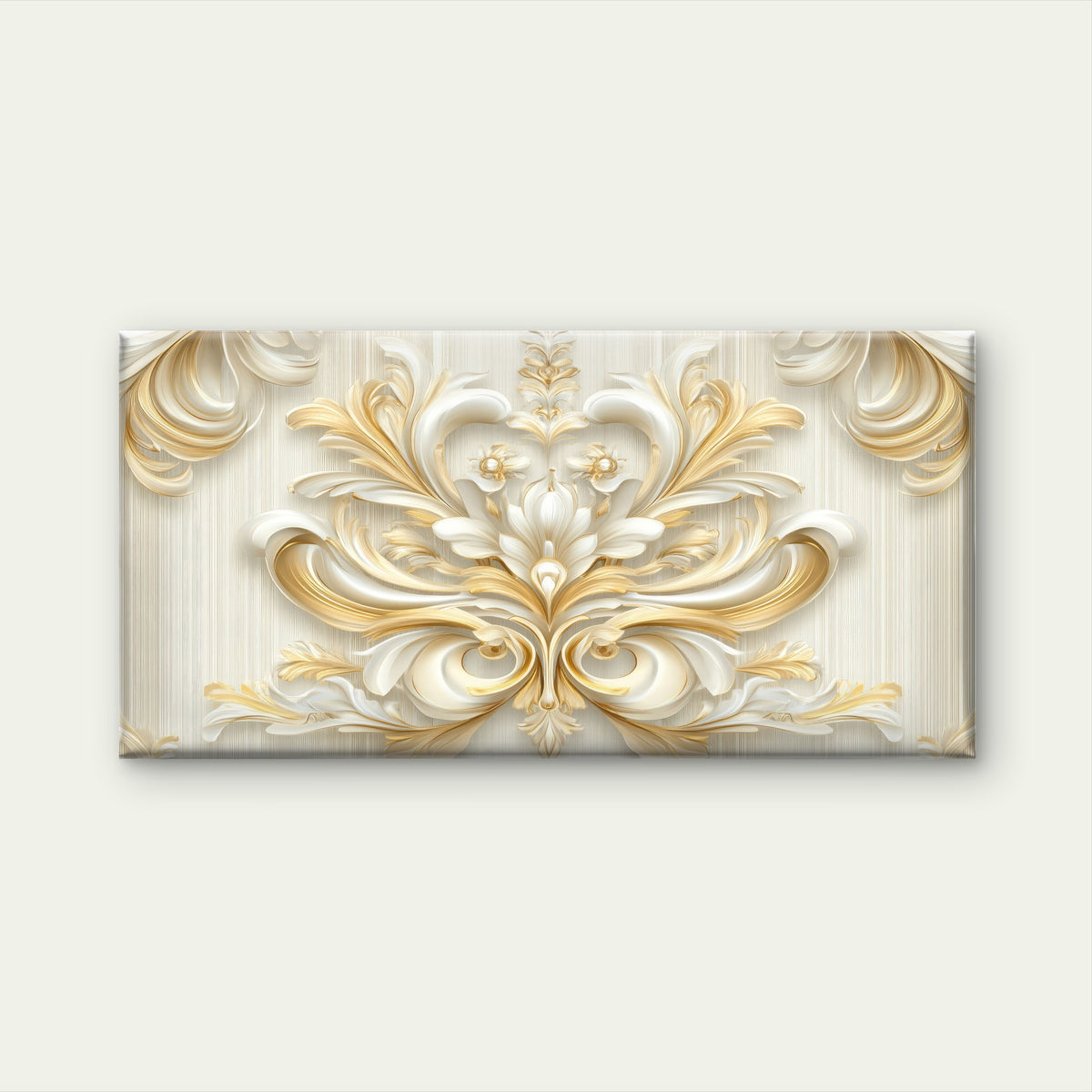 White Gold Baroque Damask Art Wall Art Canvas Office Home Room Framed 120x60cm