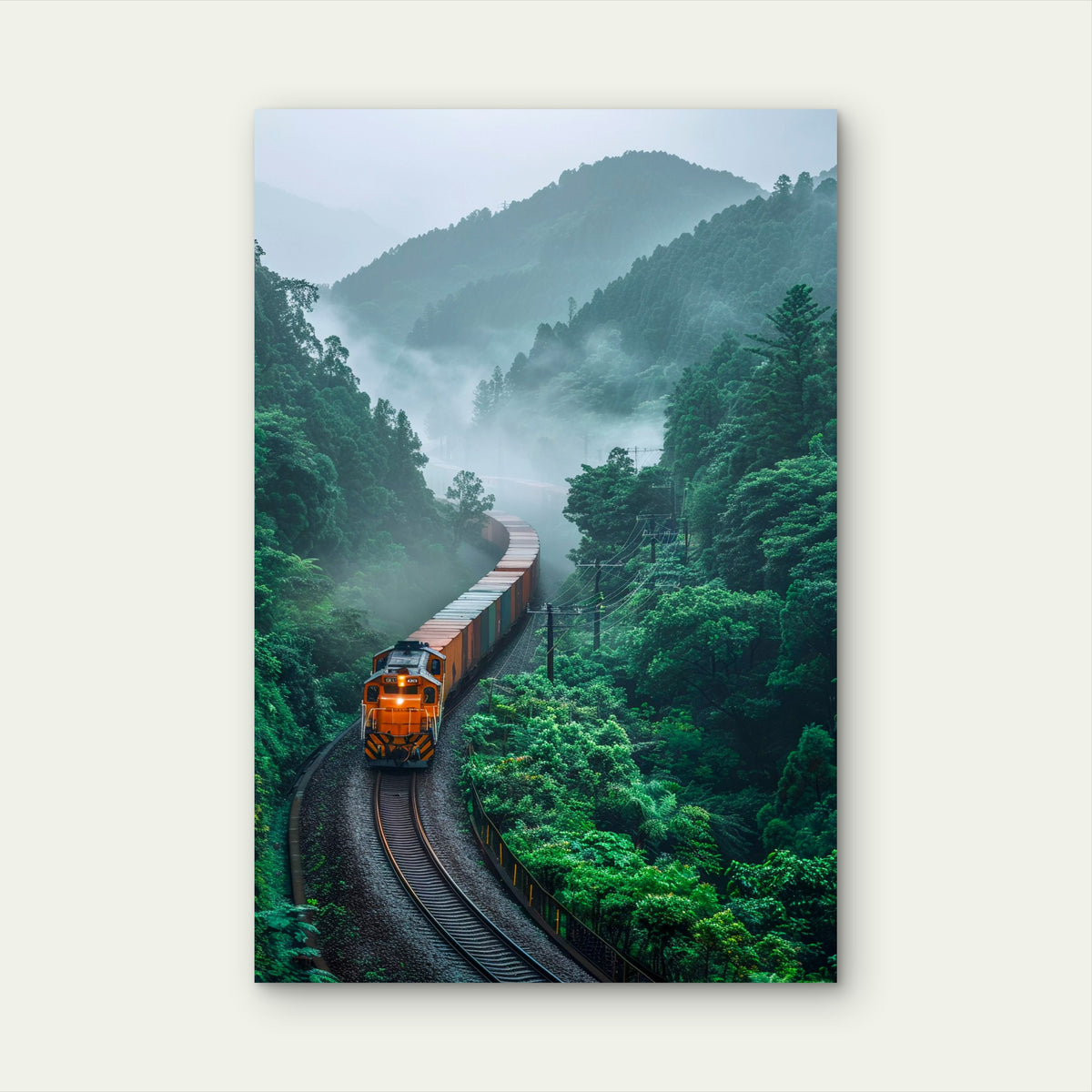 Cargo Train Passing Through Lush Mountains 40x60cm Metal Print Ready to Hang