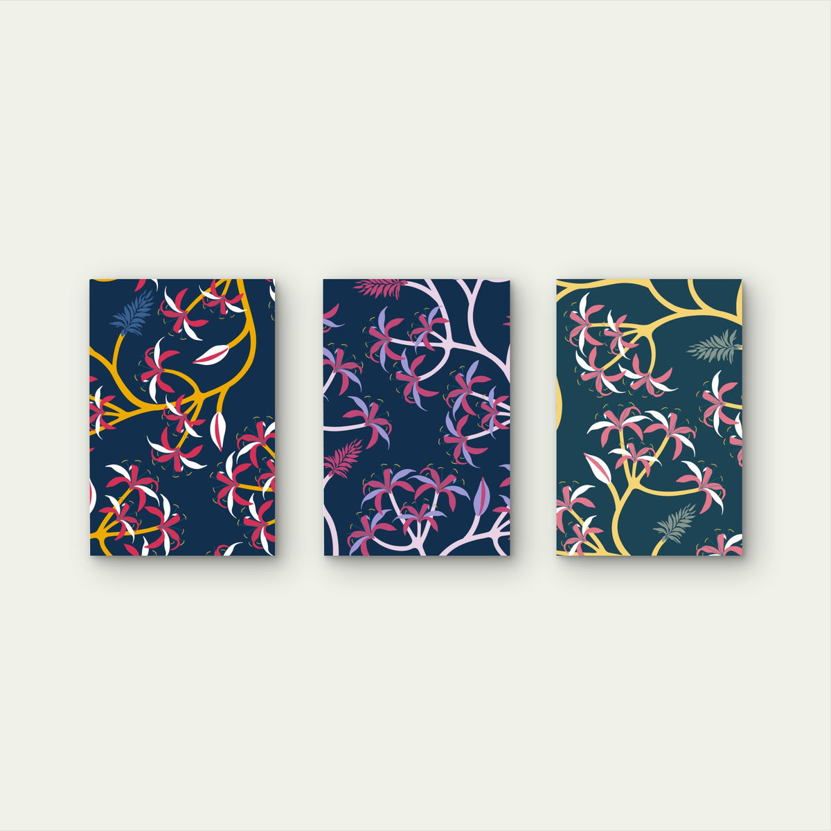 3pcs Dark Floral Botanical Pattern Wall Art Set Canvas Framed 40x60cm - High Quality Print 100% Australian Made Wall Canvas Ready to Hang