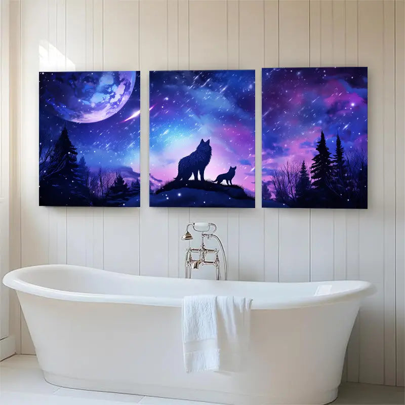 3pcs Mystical Night Sky, Howling Wolves & Starry Metal Print Ready to Hang Art