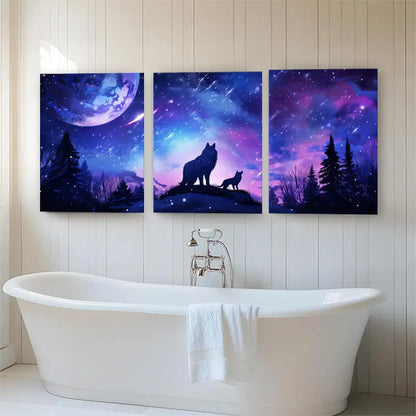 3pcs Mystical Night Sky, Howling Wolves & Starry Metal Print Ready to Hang Art