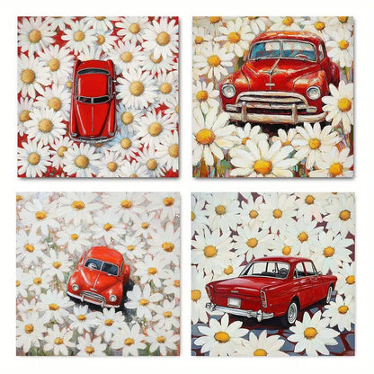 4pcs  Painting Floral Car Wall Art Canvas Framed