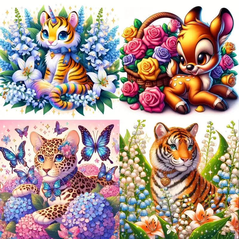 4pcs Tiger Lepord Deerr Wall Art Canvas Framed