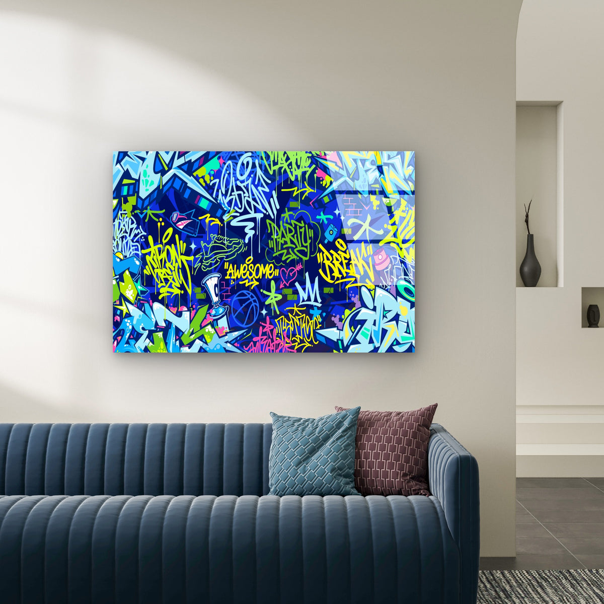 Cool Neon Blue Graffiti Acrylic Glass Printing Wall Art Australian Made Quality