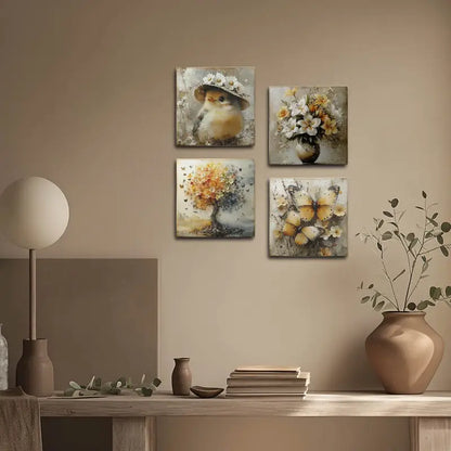4pcs Bird With Flower Hat Wall Art Canvas Framed