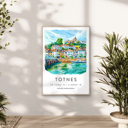 Watercolor Painting Of Totnes England Travel Poster Print Wall Art