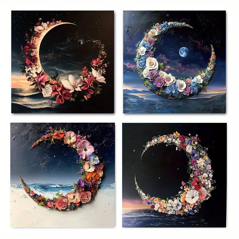 4pcs  Beach Moon Flowers Wall Art Canvas Framed