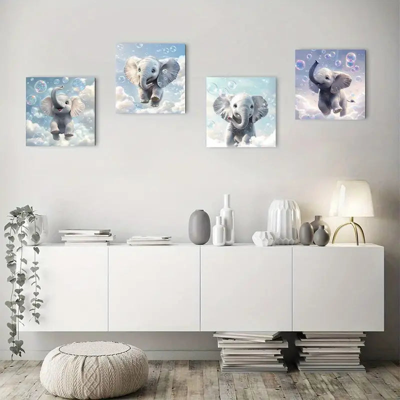 4pcs Elephant Bubbles Canva Wall Art Canvas Framed