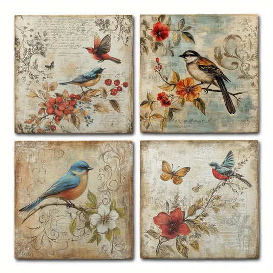 4pcs Birds And Butterflies With Flower Brunch Wall Art Canvas Framed
