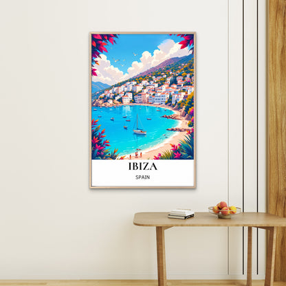 Ibiza Coastal Town With Sailboat & Blue Bay Spain Town Travel Poster Print Wall Art