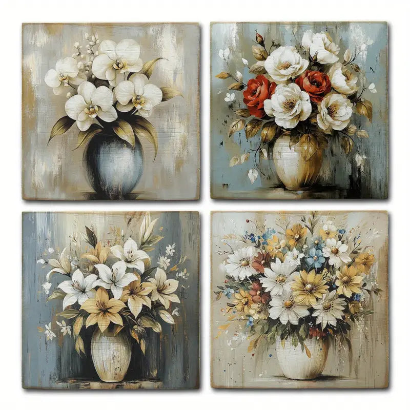 4pcs White,Red And Yellow Flower Boquet With Vas Wall Art Canvas Framed